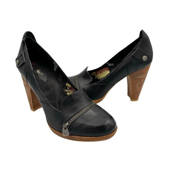 London Underground Black Leather Detailed Zipper Chunky Block Heel Trendy Pumps - Picture 1 of 10